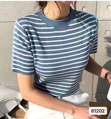 정가 한국 스타일 패션 라운드 넥 스트라이프 니트 티셔츠 풀오버 반팔