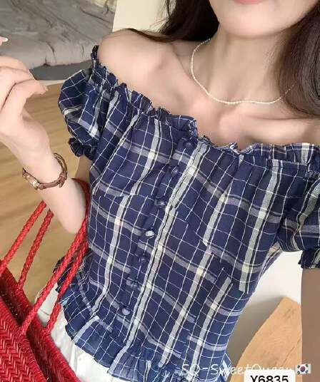 정가 프랑스식 광장 칼라 거품 소매 단추 풀오버 반팔 맨위