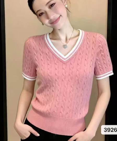 정가 패션 연령 감소 V넥 배색 측면 마 무늬 몸매 가꾸기 풀오버 반팔