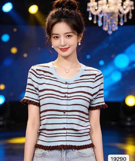 정가 패션 라운드 넥 배색 스트라이프 프릴 니트 반팔 오픈 가디건