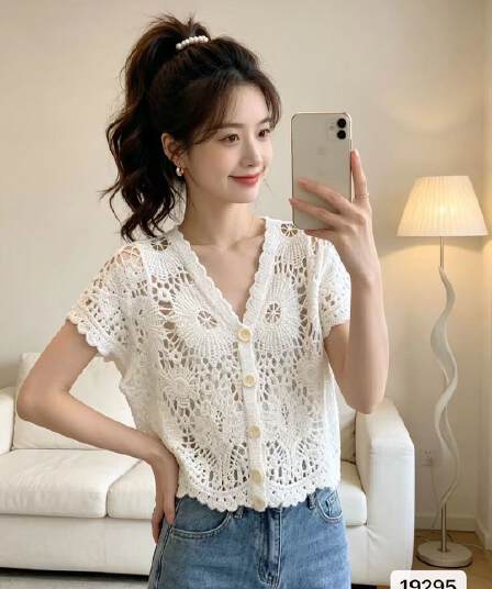 정가 디자인 센스 V넥 자수 홀로우 아웃 다용도 반팔 오픈 가디건