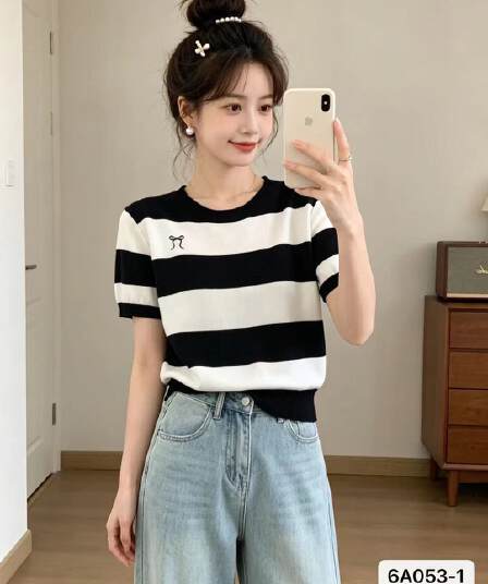 정가 외국 가스 연령 감소 라운드 넥 나비 매듭 자수 배색 스트라이프 풀오버 반팔