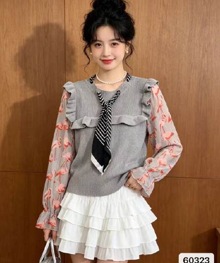 정가 패션 라운드 넥 스카프 프릴 니트 패치워크 페이크 레이어드 긴팔