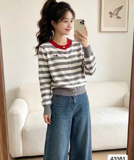 정가 패션 라운드 넥 배색 스트라이프 자수 니트 긴 소매 오픈 가디건