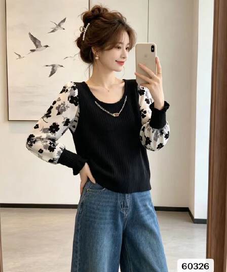 정가 봄 가을 새로운 라운드 넥 레이스 소매 패치워크 색상 니트 풀오버 긴팔