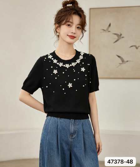 정가 패션 라운드 넥 3 차원 꽃 장식 비즈 박기 다용도 풀오버 반팔