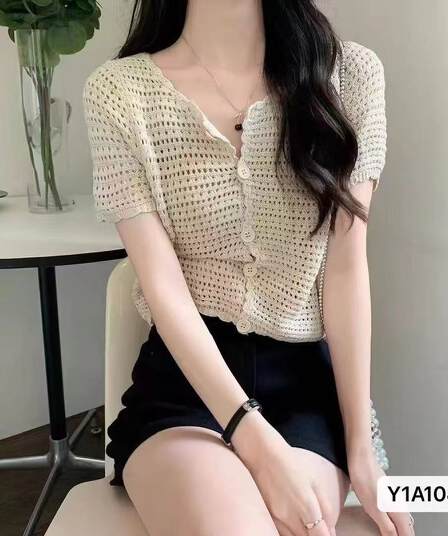 정가 여름 새로운 라운드 넥 개 치아 자수 레이스 홀로우 아웃 니트 반팔 오픈 가디건