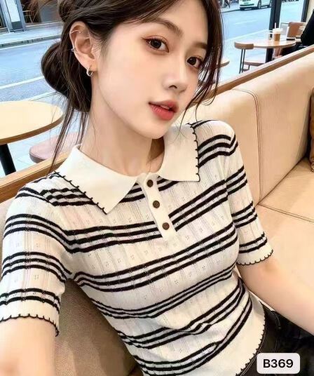 정가 오래된 돈 바람 POLO 칼라 단추 디자인 배색 스트라이프 반팔 맨위 여성
