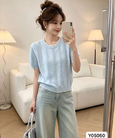 정가 작은 샤넬 스타일 라운드 넥 패치워크 색상 홀로우 아웃 니트 다용도 풀오버 반팔 맨위 여성
