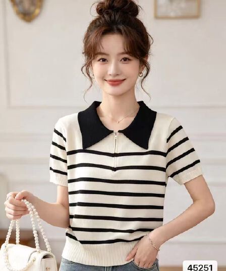 정가 품격 폴로 칼라 지퍼 하프 열린 가슴 배색 스트라이프 풀오버 반팔 맨위 여성