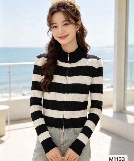 정가 품격 연령 감소 반하이넥 스트라이프 구덩이 기사 슬림해 보이는 지퍼 긴팔 오픈 가디건 맨위 여성