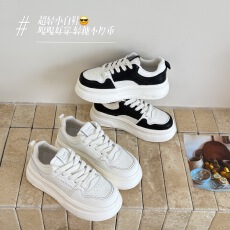 批发真皮厚底小个子增高<b class='q'>显瘦</b>小白鞋女2025新款秋松糕系带拼色熊猫板鞋