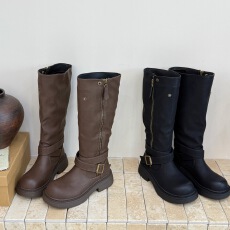 批发辣妹出街～2025秋冬真皮显瘦厚底圆头高筒骑士靴女粗跟不过膝长靴