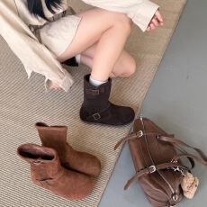 批发复古韩皮带扣绒面中长宽筒麂皮西部牛仔骑士真皮短靴秋冬女