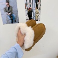 批发真皮 暖冬栗子~2025秋冬新品圆头平底毛毛半拖女包头加绒外穿拖鞋