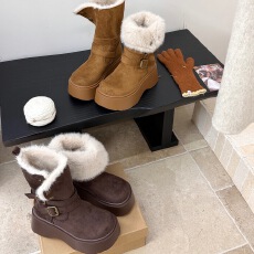 批发两穿翻折小个子厚底增高东北雪地靴毛毛高筒棉鞋长靴女冬加绒保暖