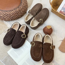 批发<b class='q'>舒适</b>好穿~真皮加绒勃肯鞋圆头平底加厚保暖休闲豆豆棉鞋女 K00039