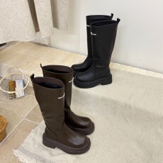 批发韩国通勤休闲粗跟骑士靴女2025秋<b class='q'>冬</b>新款黑色厚底百搭一脚蹬弹力靴