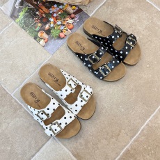 批发波点厚底搭扣勃肯拖鞋女一字拖外穿防滑双扣带软底增高凉拖橡胶底