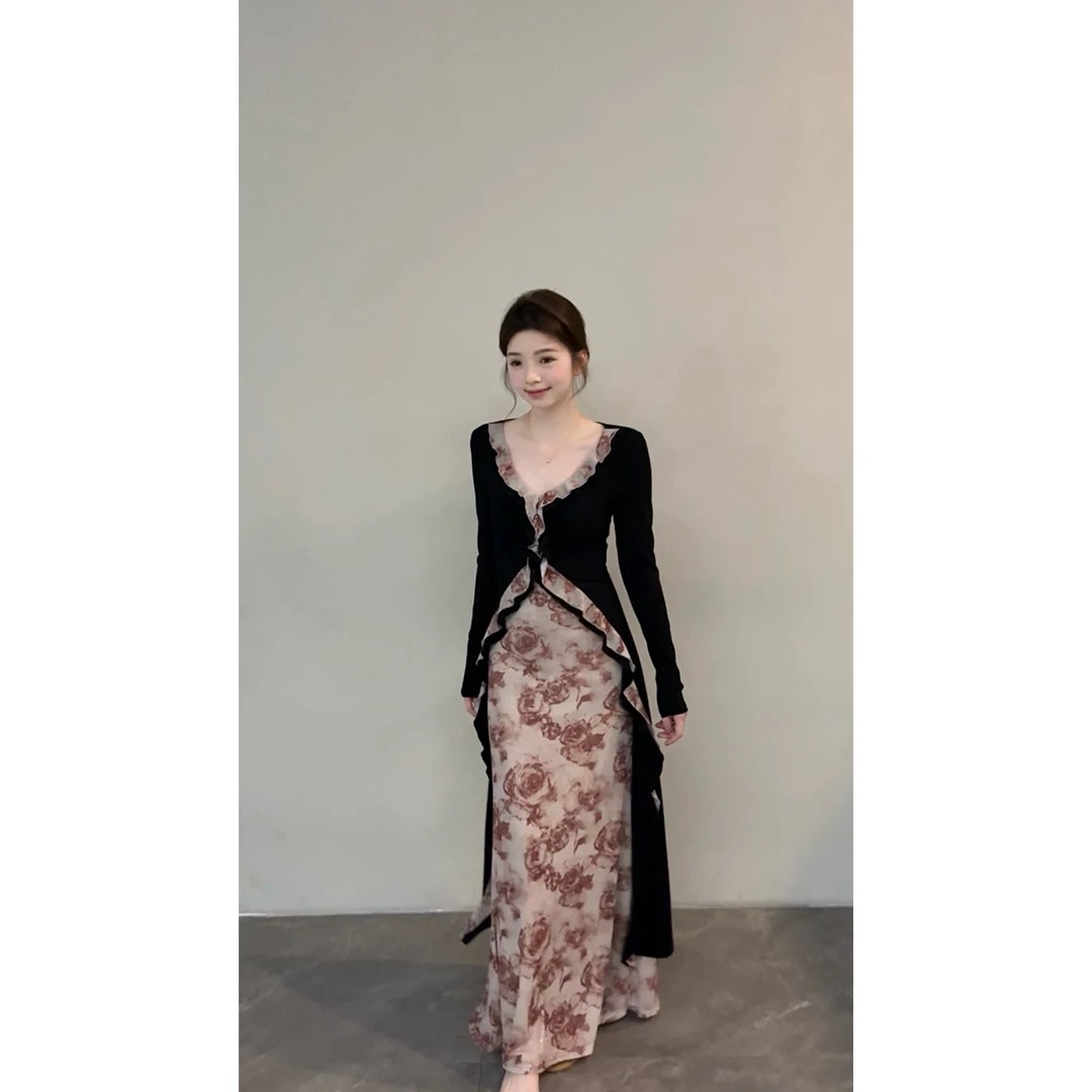 노래 송 봄 여름 새로운 디자인 센스 불규칙 패치워크 색상 트임 롱 스커트 페이크 레이어드 긴팔 드레스