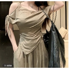 批发【HuiHui】夏季新款韩系休闲风条纹收腰短袖上衣<b class='q'>阔腿裤</b>套装