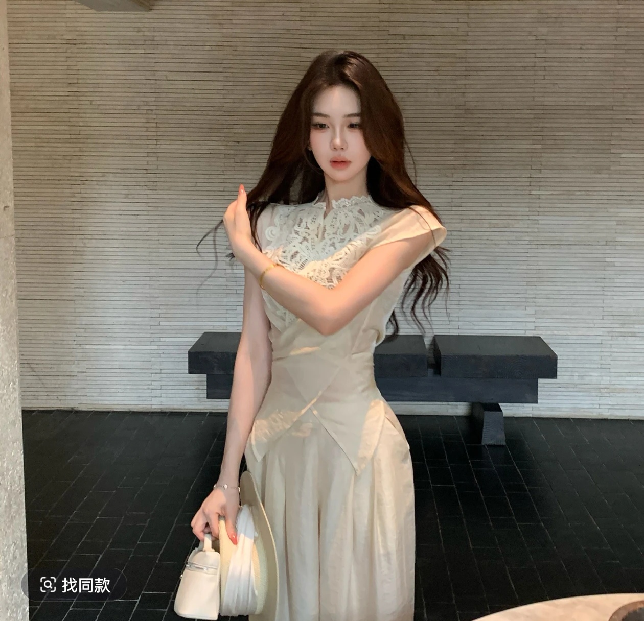 무쯔리 목자이 ~ 중 리 대나무 커튼 서식지 부드러운 디자인 센스 레이스 조각 마이크로 ~을 통해 레이스업 맨위 주간 실크 와이드 레그 팬츠 세트