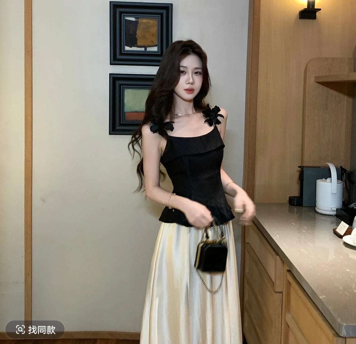 무쯔리 목자이 ~ 중 리 꽃 장식 청 妍 빛 요리 한 바람 꽃 슬립 허리 수축 맨위 도루 센스 새틴 반신 스커트 세트