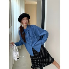 批发【蓝色大门】小个子法式风木耳边长袖宽松小立领<b class='q'>衬衫</b>