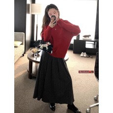 批发韩系显瘦小个子毛呢百褶半松紧腰<b class='q'>中长款</b>A字半身裙