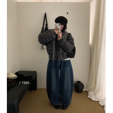 批发秋冬<b class='q'>韩版</b>小个子复古做旧宽松显瘦加绒气球<b class='q'>牛仔裤</b>