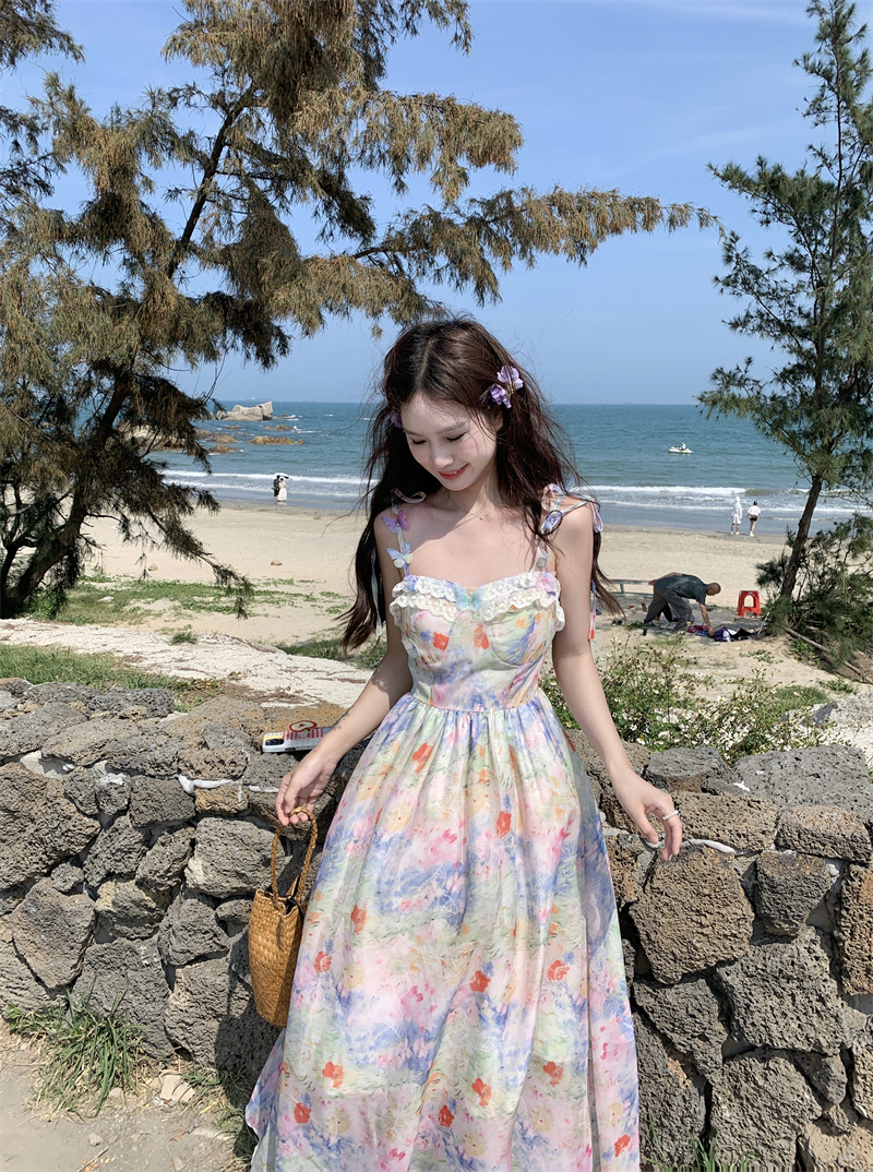 실사 정가 유화 분위기 나비 드레스 레트로 품격 고급 센스 롱 코트 허리 수축 한 마디 슬립 드레스