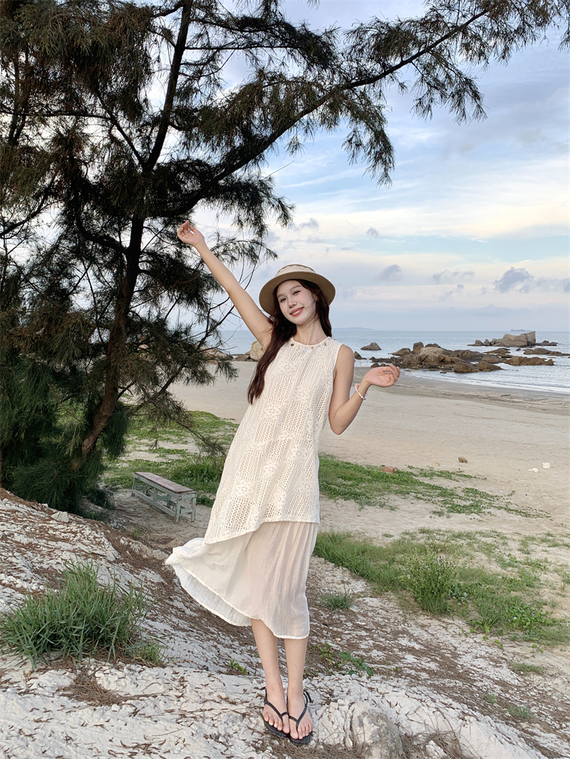 실사 정가 레이스 홀로우 아웃 페이크 레이어드 드레스 프랑스식 휴가 바람 민소매 롱 스커트