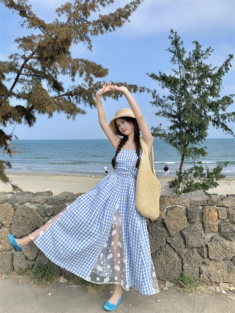 실사 정가 휴가 바람 체크무늬 패치워크 레이스 튜브탑 드레스 레트로 프랑스식 허리 수축 길다 치마
