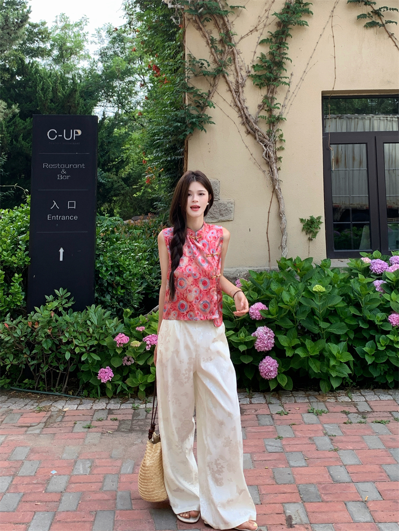 실사 정가 작은 키 새로운 중식 레트로 새틴 자카드 민소매 베스트 조끼 넓은 다리 길이 바지 투피스 세트