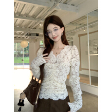 批发实拍实价~<b class='q'>蕾丝</b>打底衫女秋冬内搭高级设计感小众V领杏色上衣