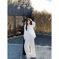 批发实拍实价~宽松休闲衬衫开衫+<b class='q'>高腰</b>系带亚麻休闲<b class='q'>阔腿裤</b>轻氧慵懒套装