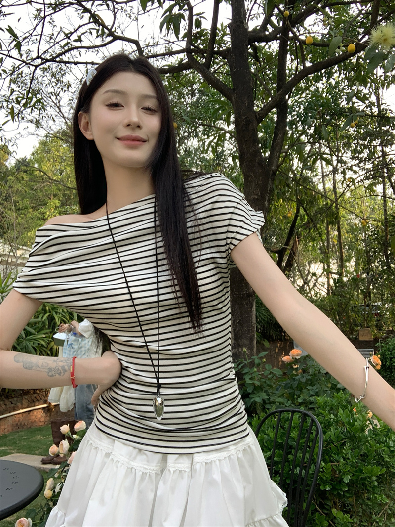 실사 정가 핫걸 순수한 욕망 바람 오프숄더 비스듬한 칼라 스트라이프 반팔 t+ 화이트 캐주얼 레이스 레이스 케이크 드레스