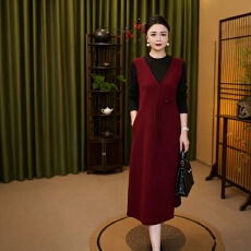 批发拼接纯色针织长袖手工扣新中式显瘦优雅<b class='q'>妈妈装</b>秋<b class='q'>连衣裙</b>