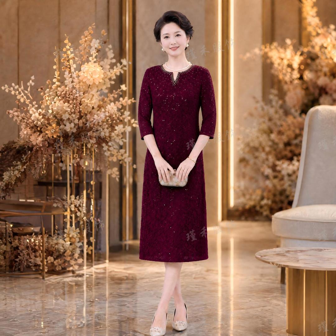 RY8277# 蕾丝钉珠重工中老年大码连衣裙喜婆婆春秋婚宴敬酒晚礼服202...