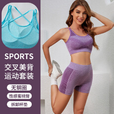 批发交叉短款瑜伽套装健身文胸背心式美背<b class='q'>显瘦</b>支撑<b class='q'>运动</b>内衣女防震跑步