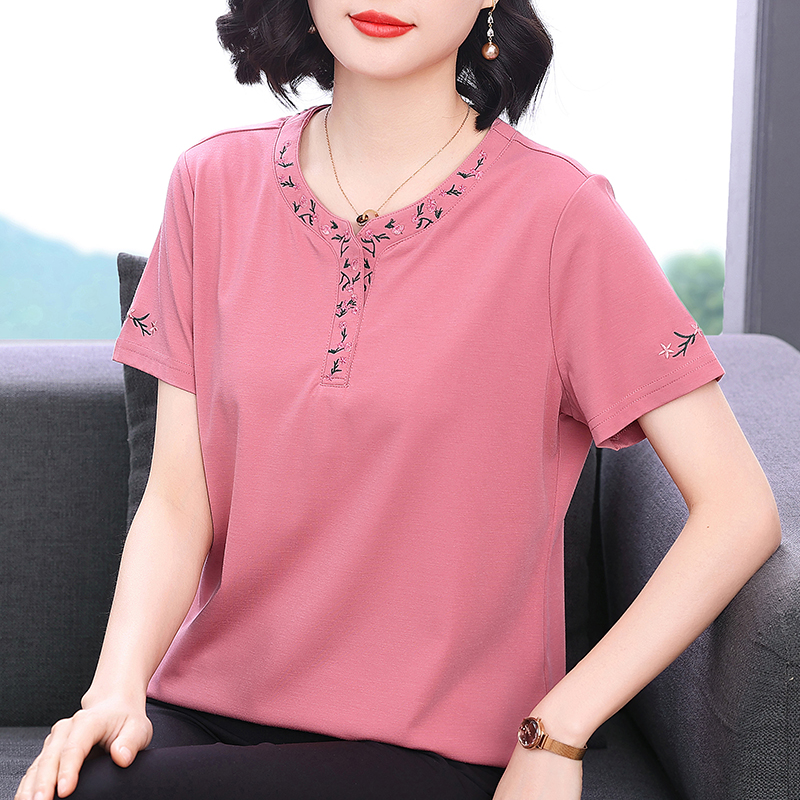MY8061# 中袖t恤女宽松圆领绣花春夏上衣韩版名族风刺绣短袖圆领上衣女裝貨源服裝批發