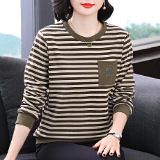 批发2025新款爆款长袖宽松中老年妈妈纯棉套头条纹圆领大码遮肚T恤女