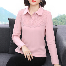 批发2026春秋polo衫拼接长袖翻领T恤薄款纯棉女装中高档纯色妈妈<b class='q'>上衣</b>