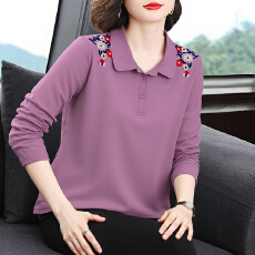 批发纯棉长袖上衣女春秋新款<b class='q'>中老年</b>妈妈休闲刺绣遮肚半袖体恤宽松T恤