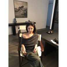 批发实拍 深灰色荡领马海毛中袖羊毛毛衣女秋季修身显瘦外搭毛织上衣