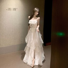 批发实拍新款重工繁华礼服裙高级噶名媛立体花朵收腰吊带<b class='q'>连衣裙</b>