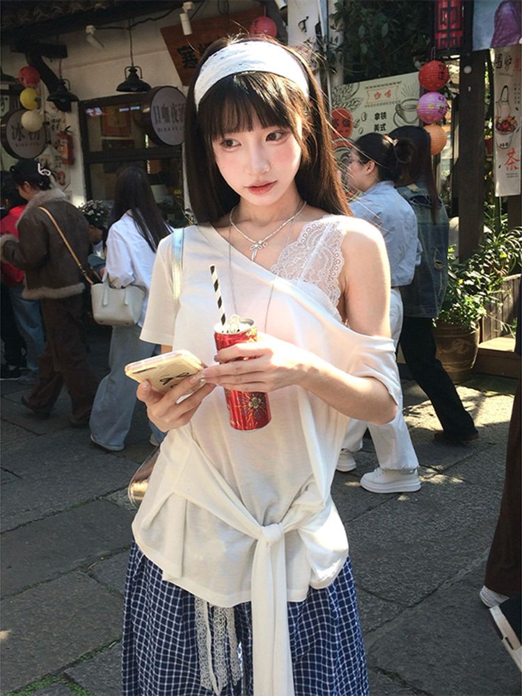 FA33324# 原版面料美式辣妹斜肩短袖女夏季薄款t恤防晒罩衫宽松露肩上衣 服裝批發女裝批發服飾貨源