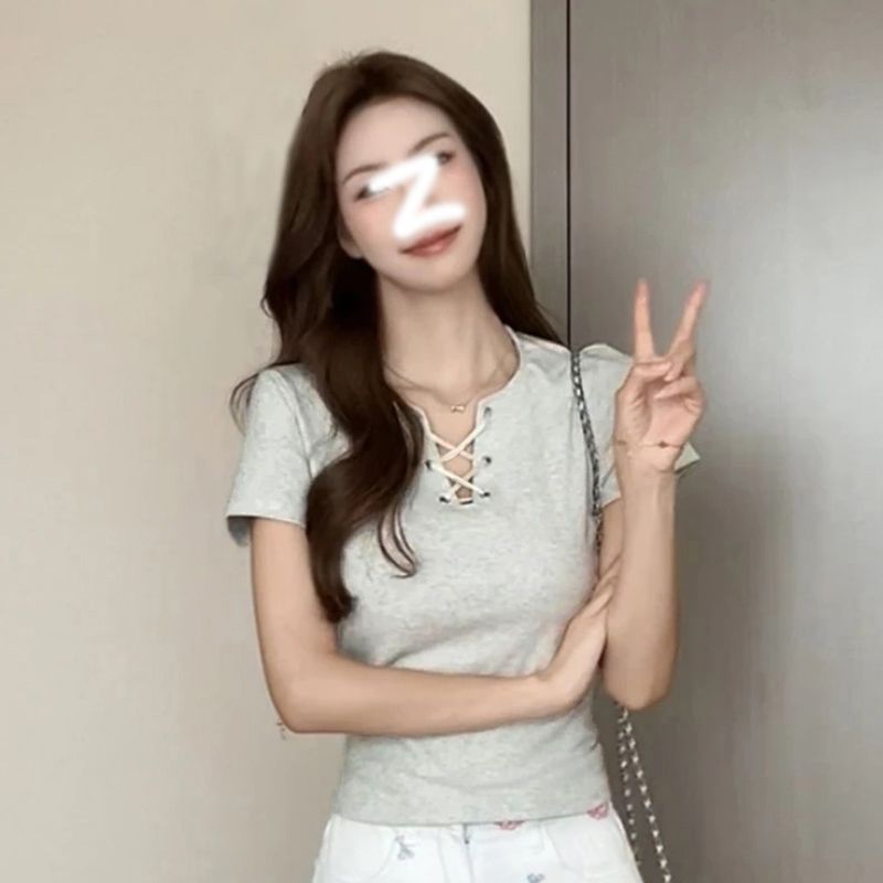 MY11022# 40支1*1纯棉螺纹v领绑带设计T恤女短袖短款正肩夏女裝貨源服裝批發