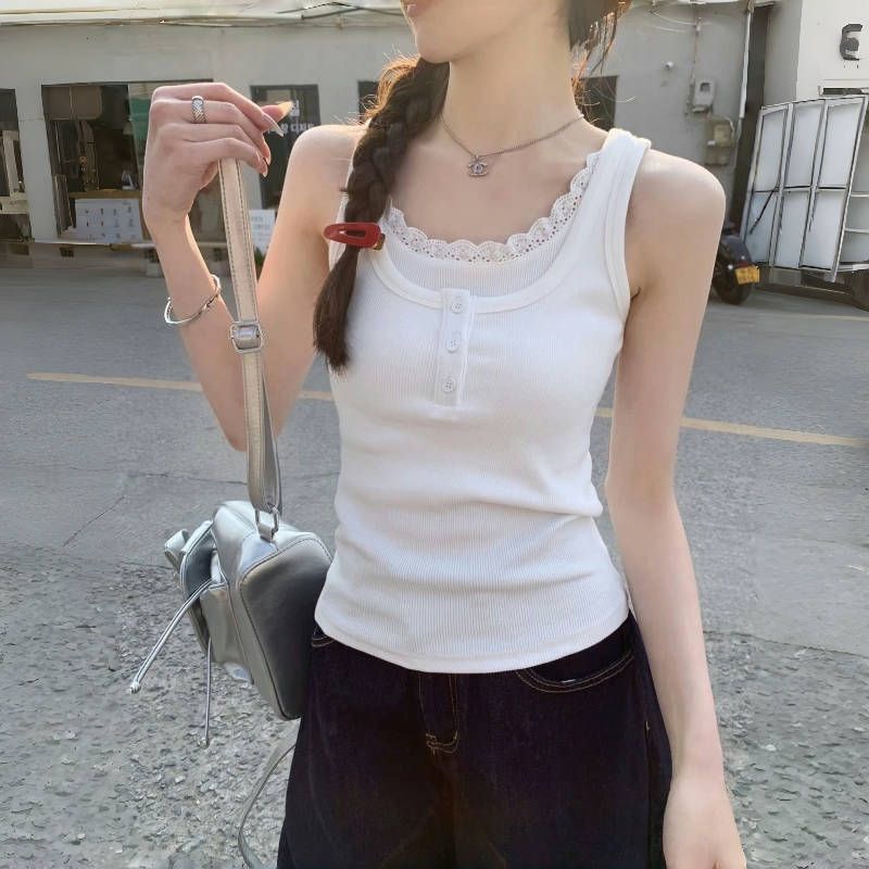 MY11021# 白色蕾丝边假两件工字吊带背心女夏季新款miu系内搭外穿上衣女裝貨源服裝批發
