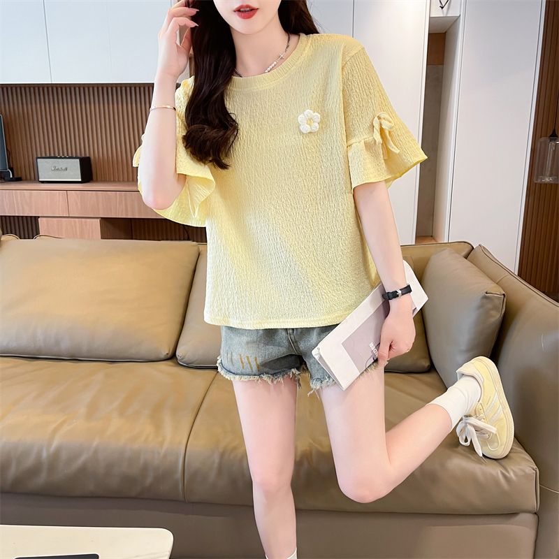 MY11016# 短袖t恤女夏季新款韩版花朵时尚纯色百搭上衣服ins潮女裝貨源服裝批發